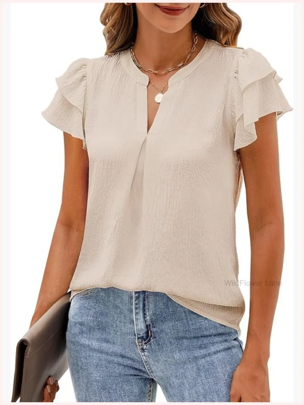 Ruffle Short Sleeve V Neck Tunic Blouse Flowy Business Casual Top Office Shirt - Picture 1 of 7